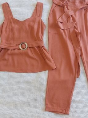 Women's Cropped Belted Tank & Ankle Pants Set in Rust
